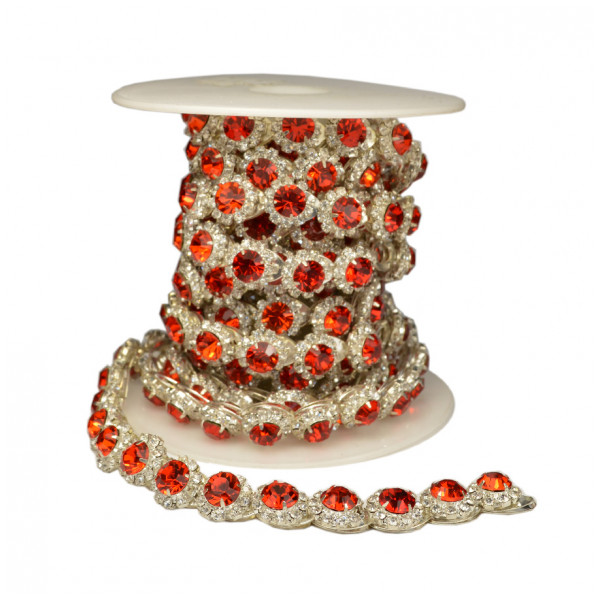 Лента декоративная со стразами, цвет серебро+красный